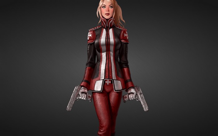 Woman in red and black uniform holding two pistols