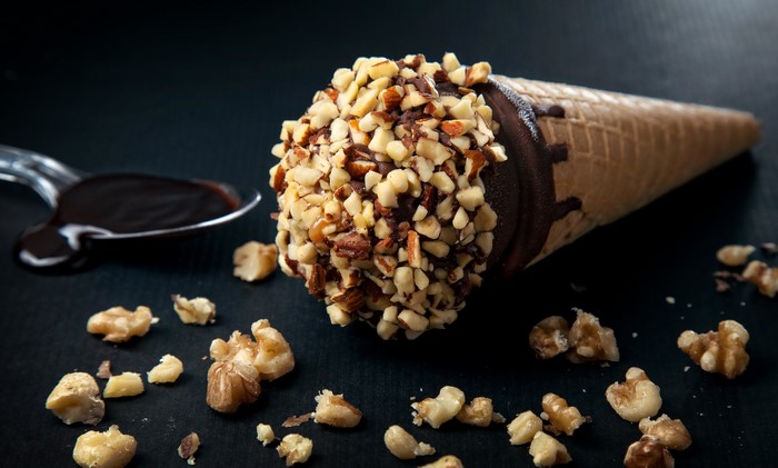 Chocolate Ice Cream Cone Covered with Walnut Pieces
