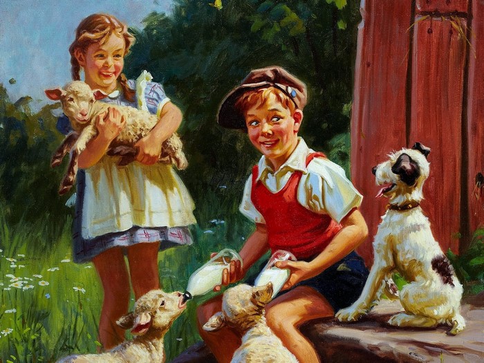 Children feeding lambs near a barn with a dog