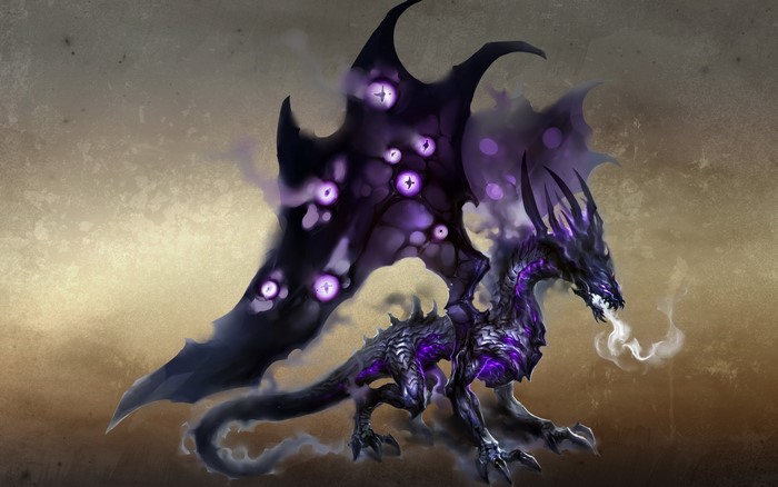 A dark dragon with violet eyes and smoke