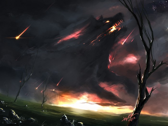Monster wolf in stormy sky with meteors