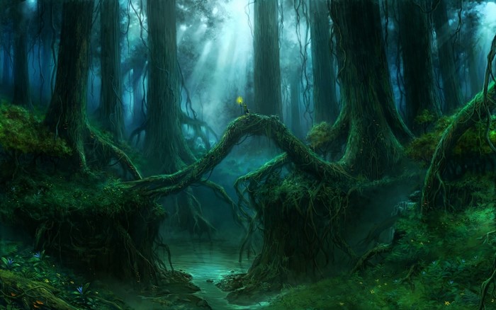 Fantasy Forest with a Person Holding a Lantern