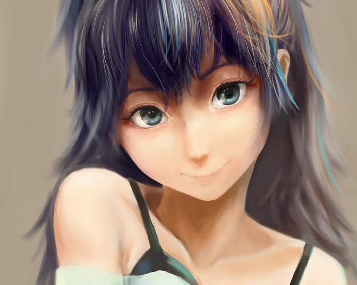Anime girl with blue hair looking at the camera