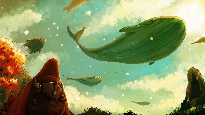 Person in red cloak watches flying whales in sky