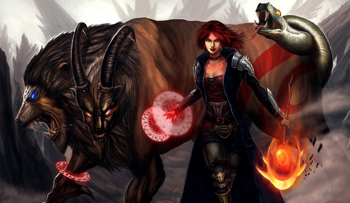 Woman with magical staff and beast with snake