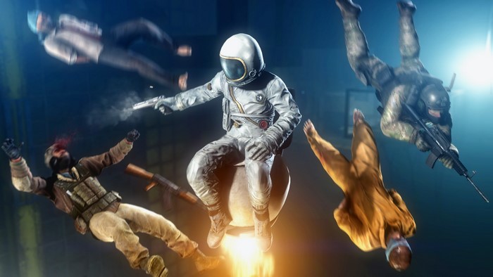 Astronaut riding a rocket with soldiers falling