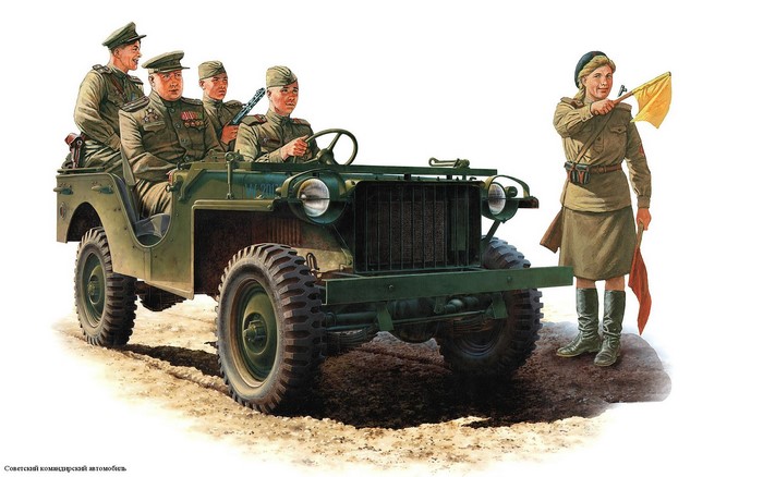 Soviet soldiers in a jeep with a signalwoman