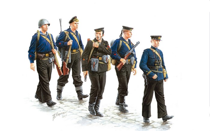 Soviet sailors in uniform with weapons
