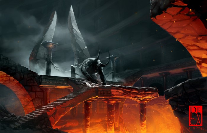 Minotaur in a fiery, ancient ruin