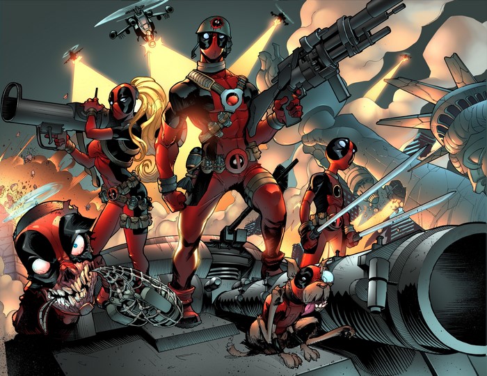 Deadpool and his team with weapons