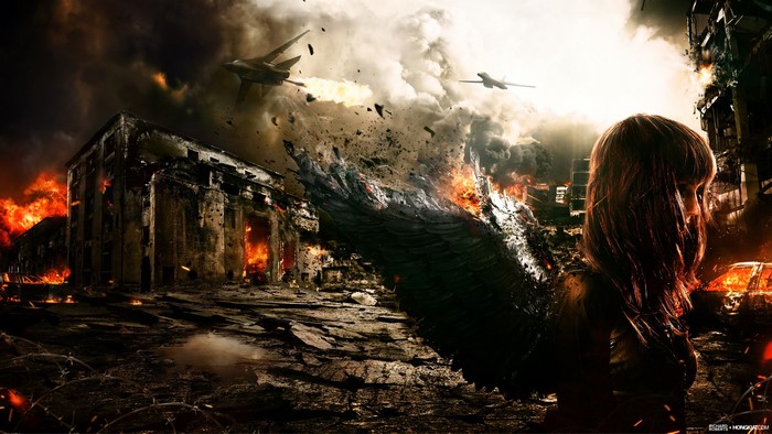 Angel with black wings in a war-torn city
