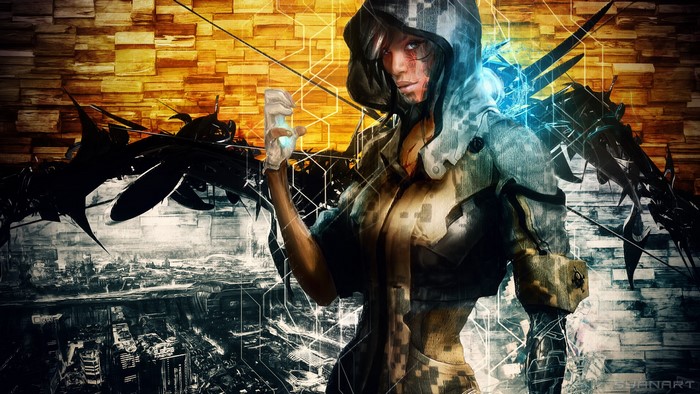 Woman in futuristic hood holding glowing vial