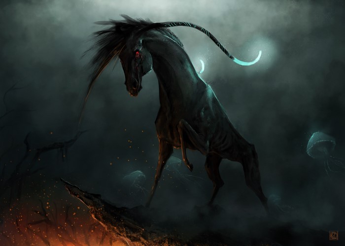 Dark magical horse with glowing elements in a misty environment