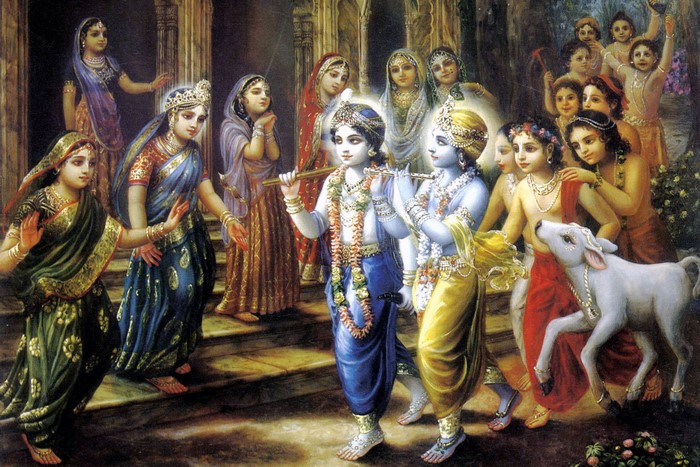 Lord Krishna and Balarama with Gopis and a Calf in India