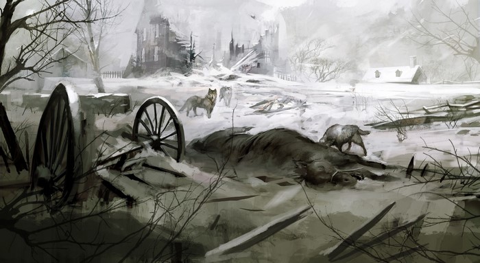 Assassin's Creed 3: Wolves scavenging in a snowy village ruin