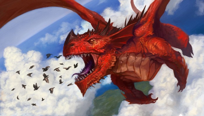 Red Dragon flying through clouds with birds
