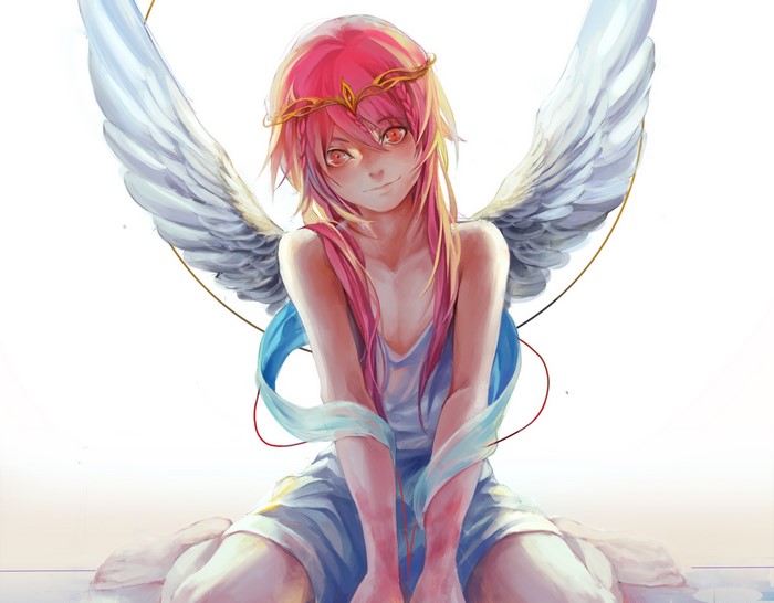 Angel with pink hair and wings sitting