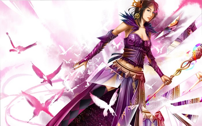 Woman with magic staff and birds
