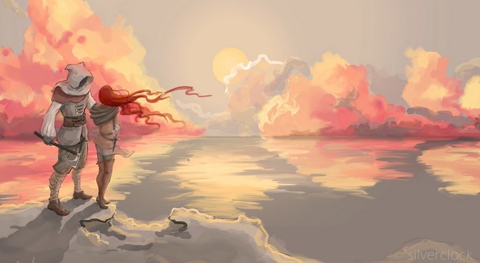Two figures by the sea at sunset