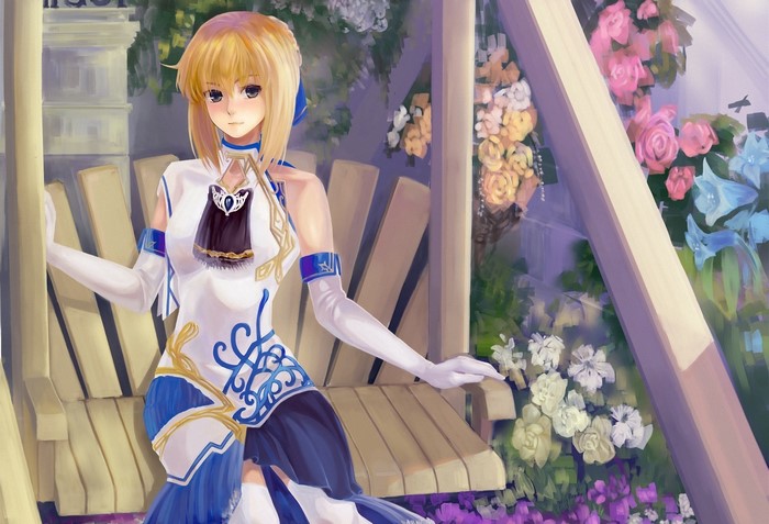 Saber from Fate/stay night sitting on a swing