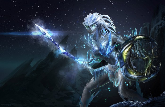 Ice warrior with glowing sword and shield