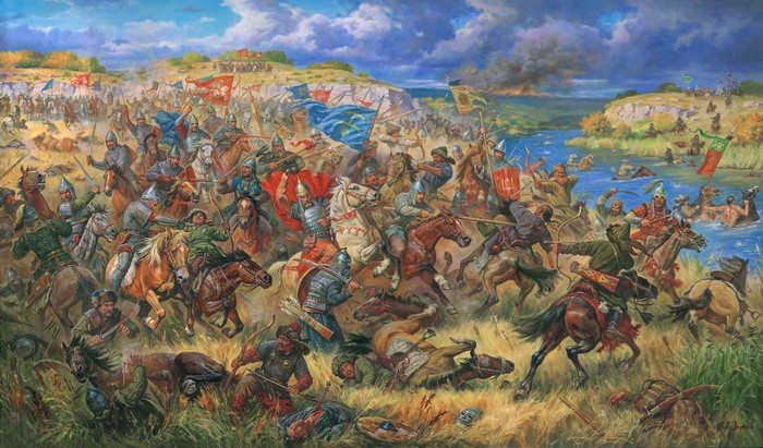 Battle scene with cavalry and infantry fighting near a river