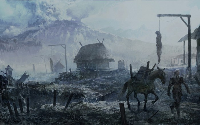 Geralt of Rivia from The Witcher with a horse in a desolate village