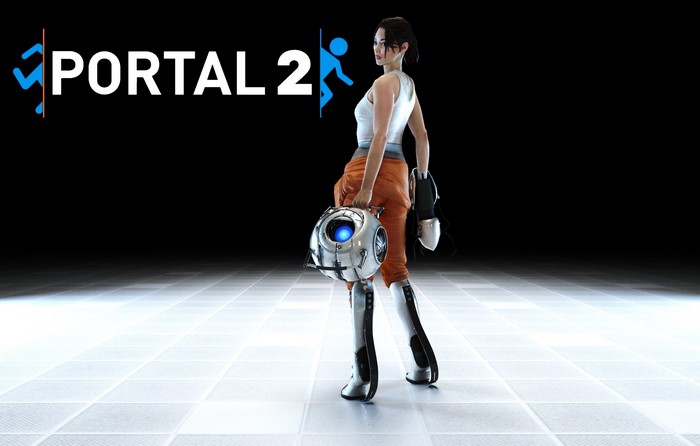 Portal 2 logo with Chell holding a portal gun