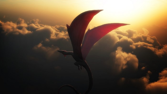 Dragon flying through clouds at sunset