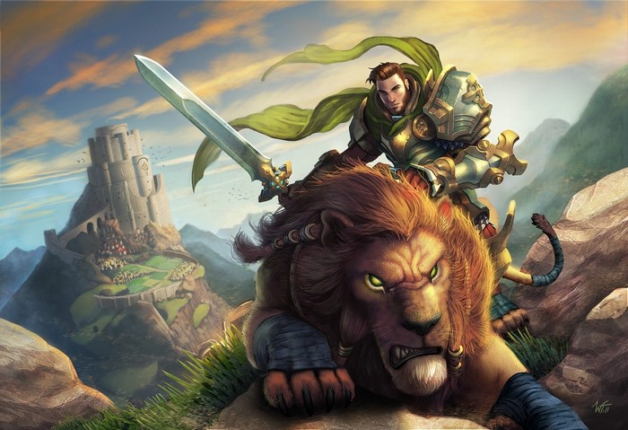 Warrior riding a lion with a sword and castle in the background