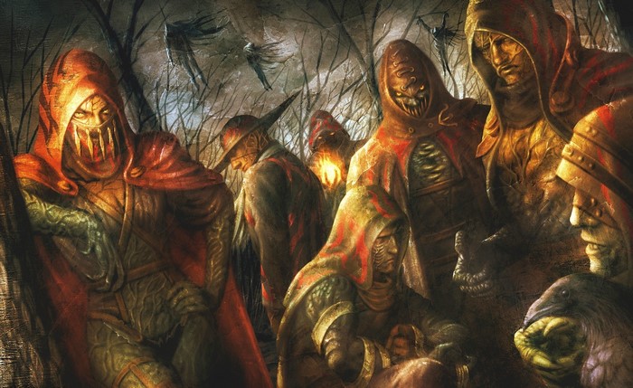 Group of hooded figures in a dark forest
