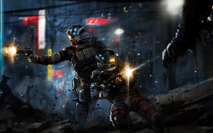 Soldiers in futuristic armor firing weapons in a dark city