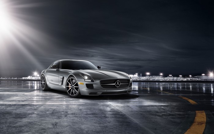 Mercedes-Benz SLS AMG on an airport tarmac at night