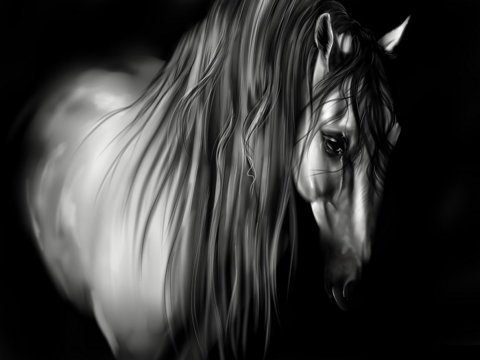 Black and white painting of a horse