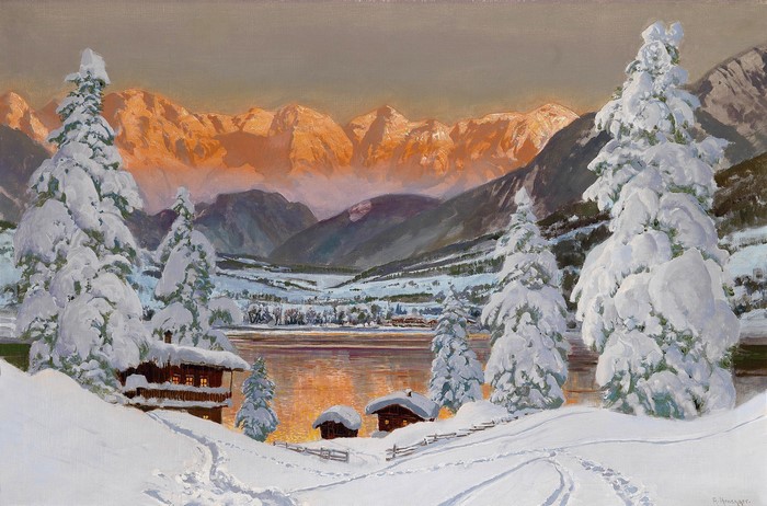 Winter Landscape with Mountains and Lake by Alois Arnegger