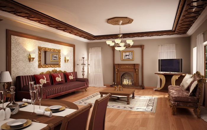 Luxurious living room with fireplace and dining area