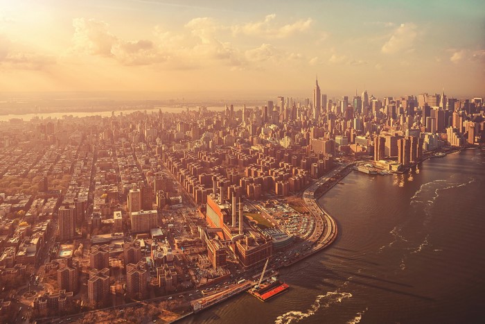 Aerial view of Manhattan, New York City skyline at sunset