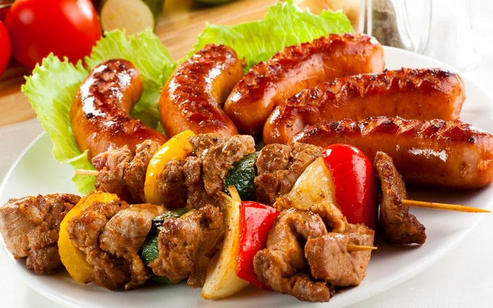 Grilled Sausages and Meat Skewers with Vegetables