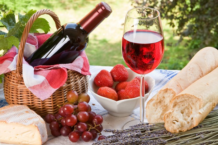 Wine, Grapes, Bread, and Strawberries Picnic