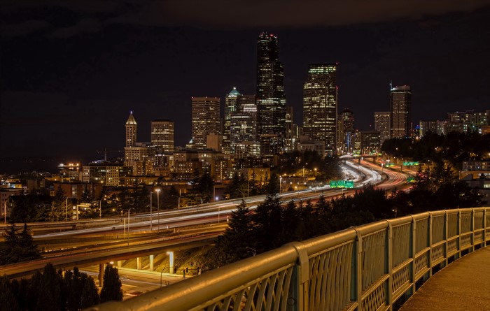 Seattle skyline at night with highways