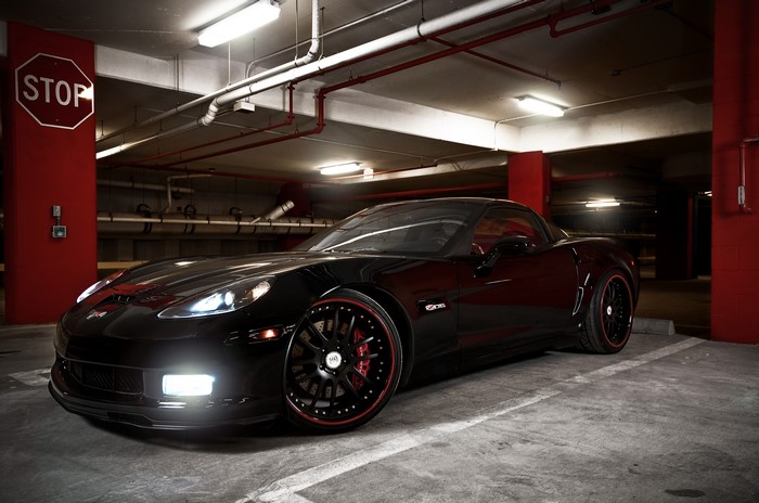 4K Black Chevrolet Corvette Z06 in Parking Garage
