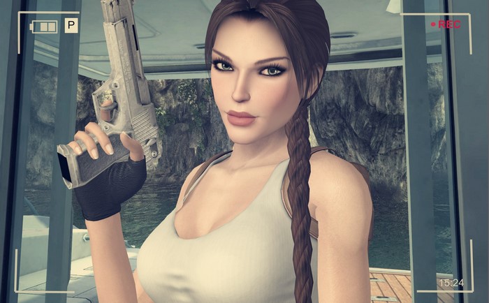 Lara Croft from Tomb Raider holding a pistol