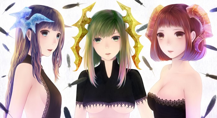Three anime girls with horns and feathers