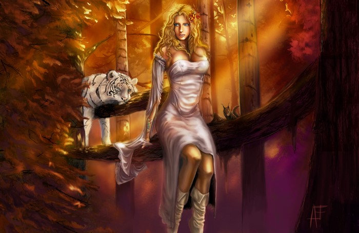 Painting Art of a Woman and Tiger on Branches