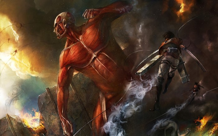 Colossal Titan and Mikasa Ackerman in Attack on Titan battle