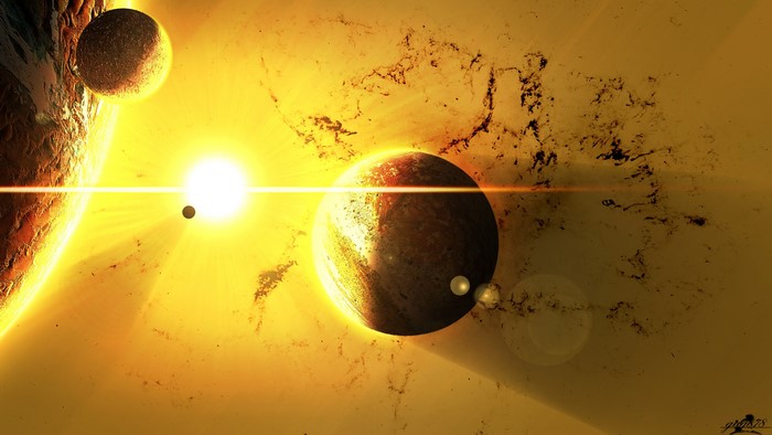 Planets and a bright star in space