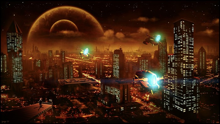 Futuristic city with flying vehicles and planets