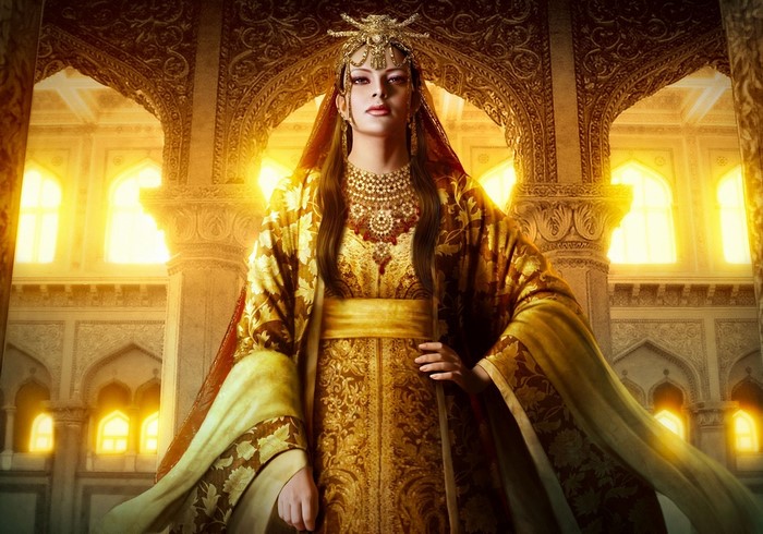 Woman in ornate golden dress and headdress