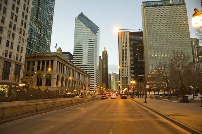 Chicago Street with Skyscrapers and Cars