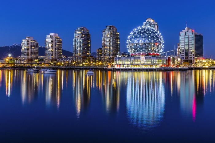 Vancouver skyline with Science World at night